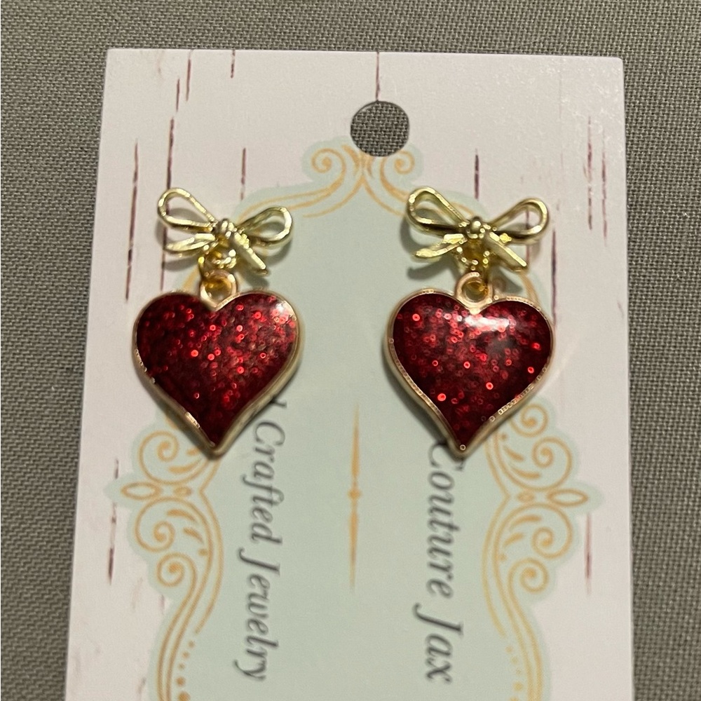 Handmade Valentine Red Heart Earrings with Gold Bow